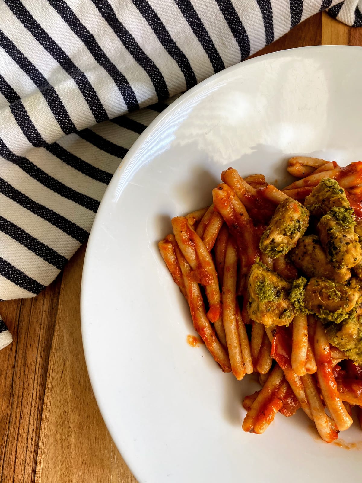 Easy Tomato Pasta with Basil Pesto Tempeh