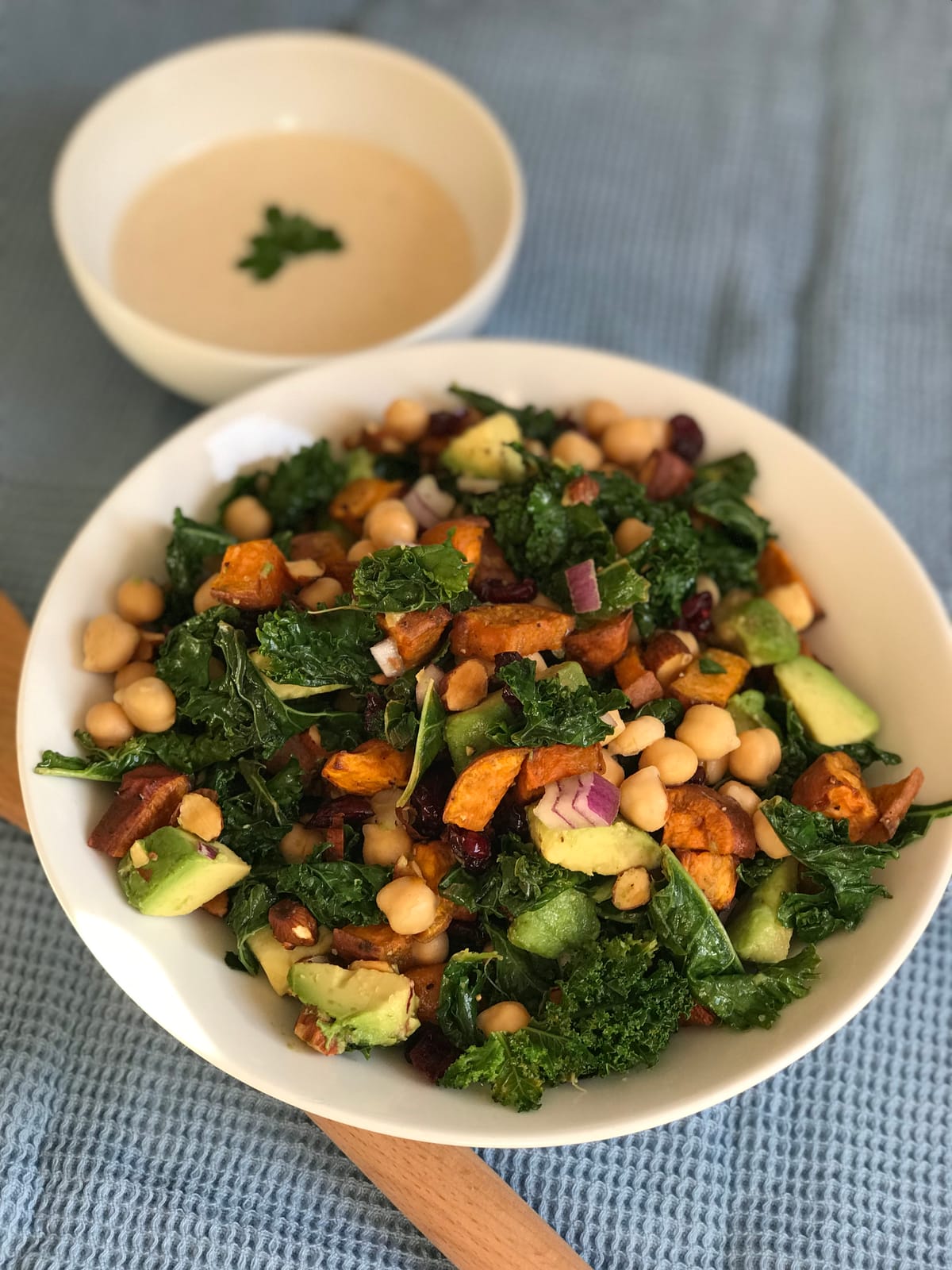 Yummy Sweet Potatoes, Kale and Chickpeas Salad with delicious creamy Tahini Dressing