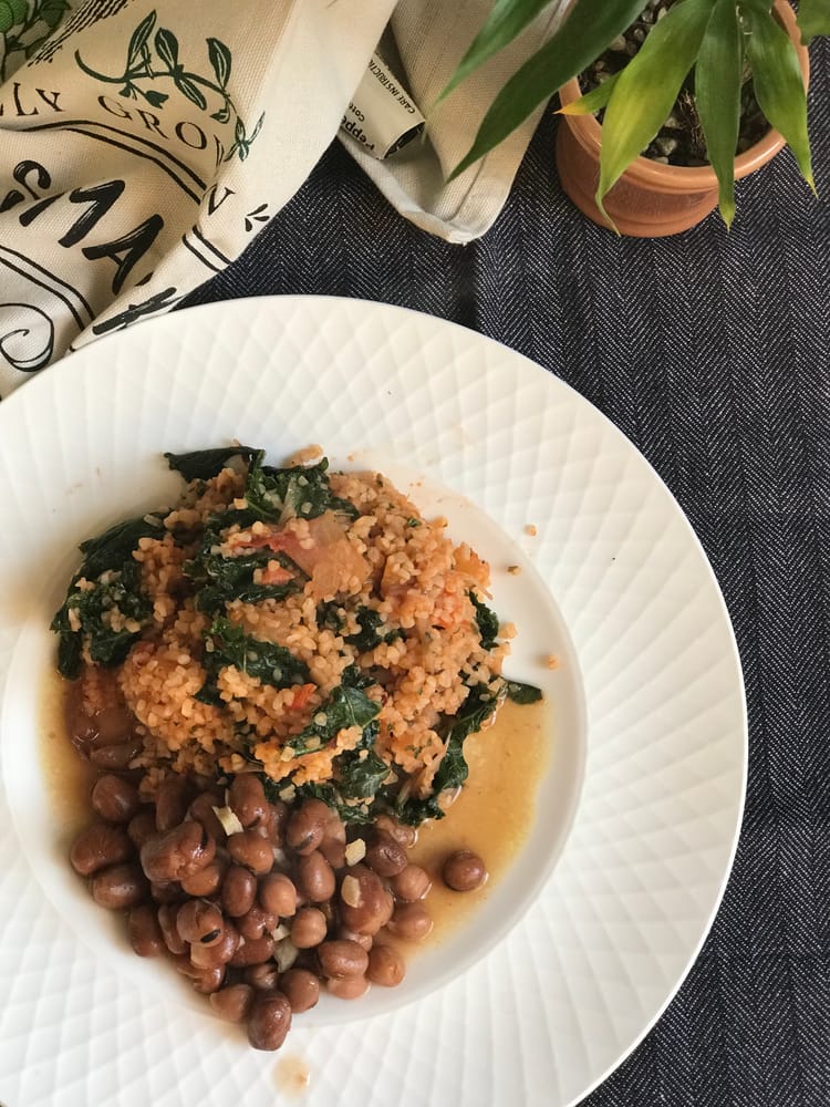 Tomato Bulgur with Kale and Fava Beans