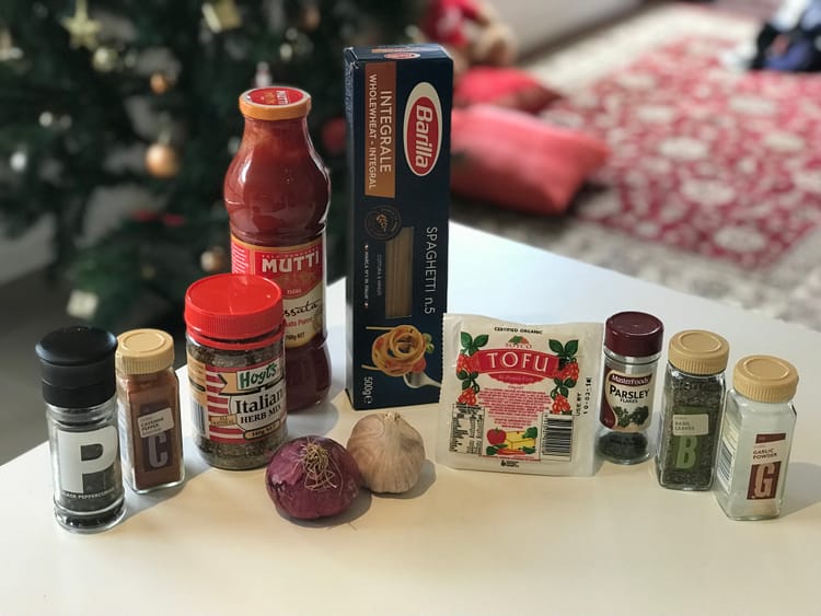 Vegan Spaghetti with Tofu-Mushroom Sauce